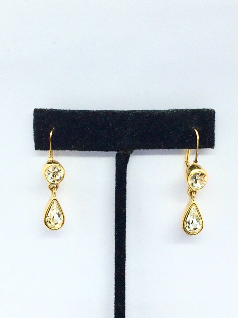 GIVENCHY EARRINGS Gold Tone Crystal Rhinestone Teardrop Leverback Dangle